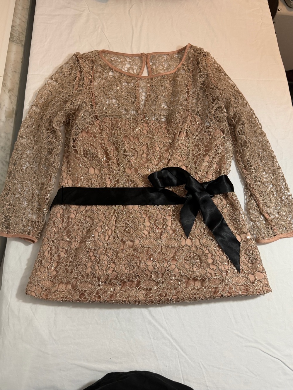 Adrianna Papell Blush Pink Lace Top with Black Satin Belt